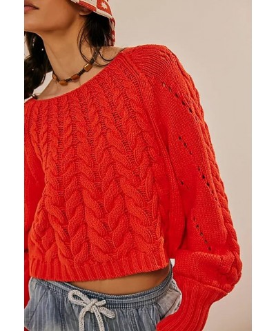 Women Casual Crochet Knit Sweater Long Sleeve Crew Neck Cardigan Ribbed Solid Hemp Print Top Fall Winter Streetwear C-red Sho...