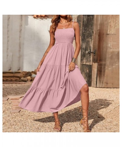 Summer Dresses for Women Casual Bohemian Solid Maxi Dress Spaghetti Strap Sleeveless Smocked Tiered Beach Sundresses A01_pink...