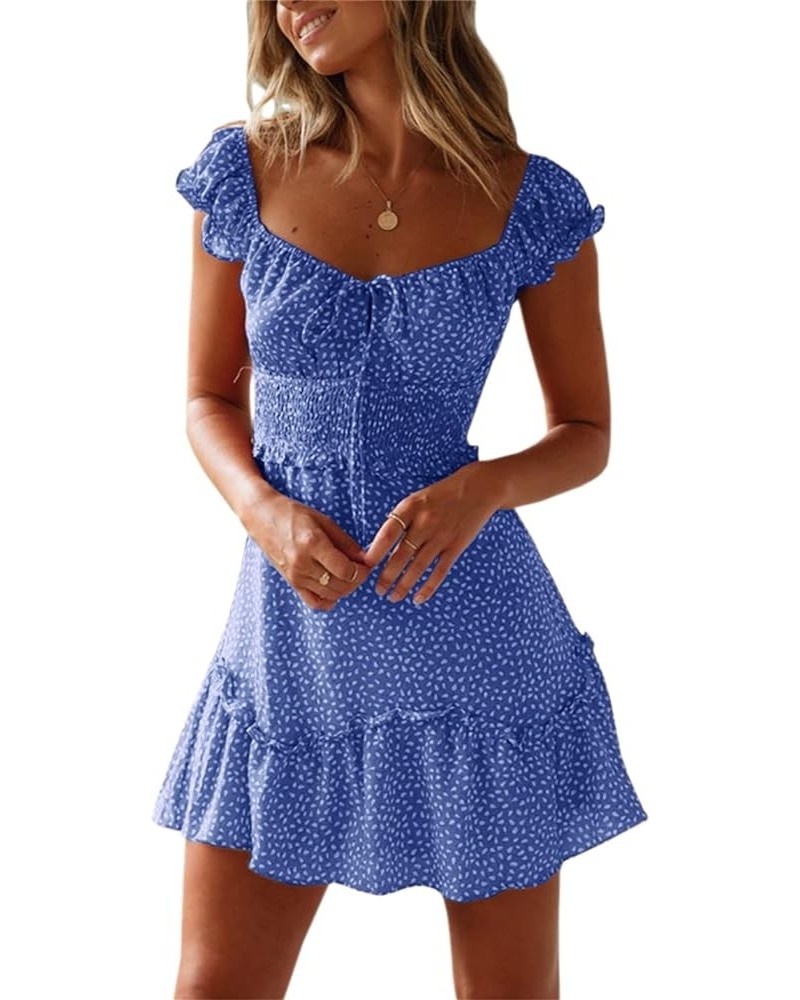 Womens Smocked Dress Ruffle Floral Tie Front Boho Short Dresses Blue $17.94 Dresses