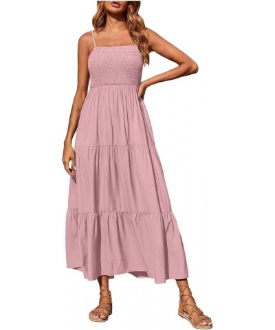 Summer Dresses for Women Casual Bohemian Solid Maxi Dress Spaghetti Strap Sleeveless Smocked Tiered Beach Sundresses A01_pink...