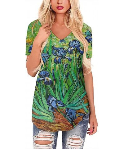 JooMeryer Women's 3D Printed Van Gogh V-Neck Short Sleeve Lightweight Pullover T-Shirts Tee Shirt Iris $10.39 T-Shirts