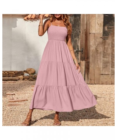 Summer Dresses for Women Casual Bohemian Solid Maxi Dress Spaghetti Strap Sleeveless Smocked Tiered Beach Sundresses A01_pink...