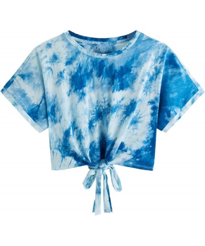 Women's Short Sleeve Tie Dye Tie Hem Summer Crop T-Shirt Tops Blouse Tie Dye Blue $14.15 T-Shirts