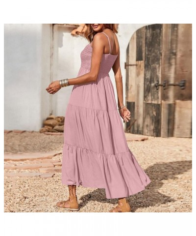 Summer Dresses for Women Casual Bohemian Solid Maxi Dress Spaghetti Strap Sleeveless Smocked Tiered Beach Sundresses A01_pink...