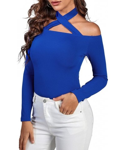 Women's Halter Off Shoulder Spaghetti Strap Cutout Long Sleeve Blouse Shirt Top Royal Blue $12.76 Blouses