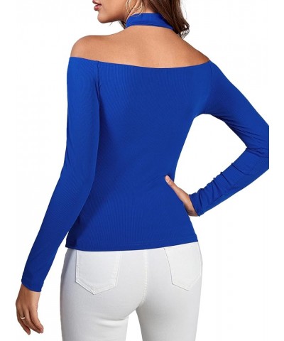 Women's Halter Off Shoulder Spaghetti Strap Cutout Long Sleeve Blouse Shirt Top Royal Blue $12.76 Blouses