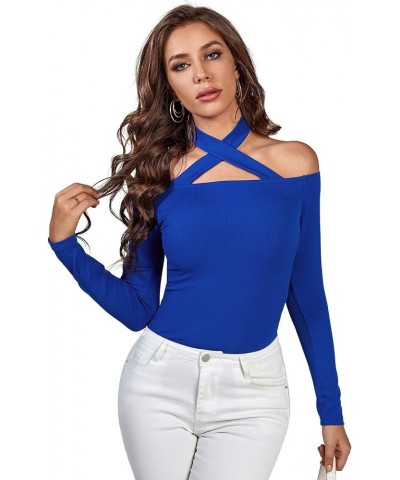 Women's Halter Off Shoulder Spaghetti Strap Cutout Long Sleeve Blouse Shirt Top Royal Blue $12.76 Blouses