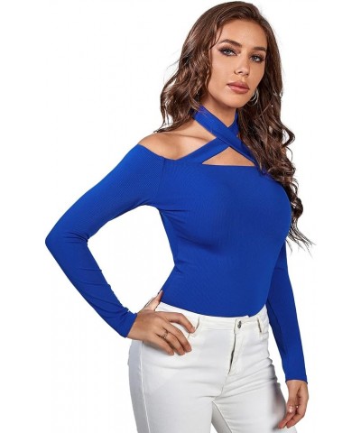 Women's Halter Off Shoulder Spaghetti Strap Cutout Long Sleeve Blouse Shirt Top Royal Blue $12.76 Blouses