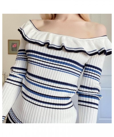 Y2K Grunge Vintage Sweater Women Long Sleeve Striped Knitted Sweater Knitwear Crop Top Tee Shirt Streetwear White 9c $10.78 S...