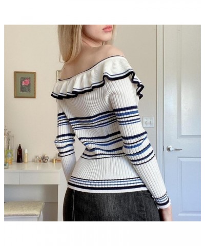 Y2K Grunge Vintage Sweater Women Long Sleeve Striped Knitted Sweater Knitwear Crop Top Tee Shirt Streetwear White 9c $10.78 S...