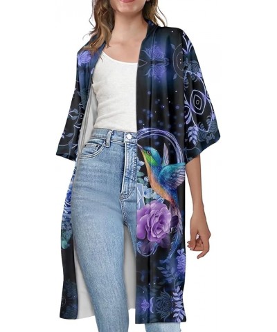 Women's Kimono Cardigans Casual Loose Open Front Cover Ups Blue Hummingbird Rose $17.55 Swimsuits