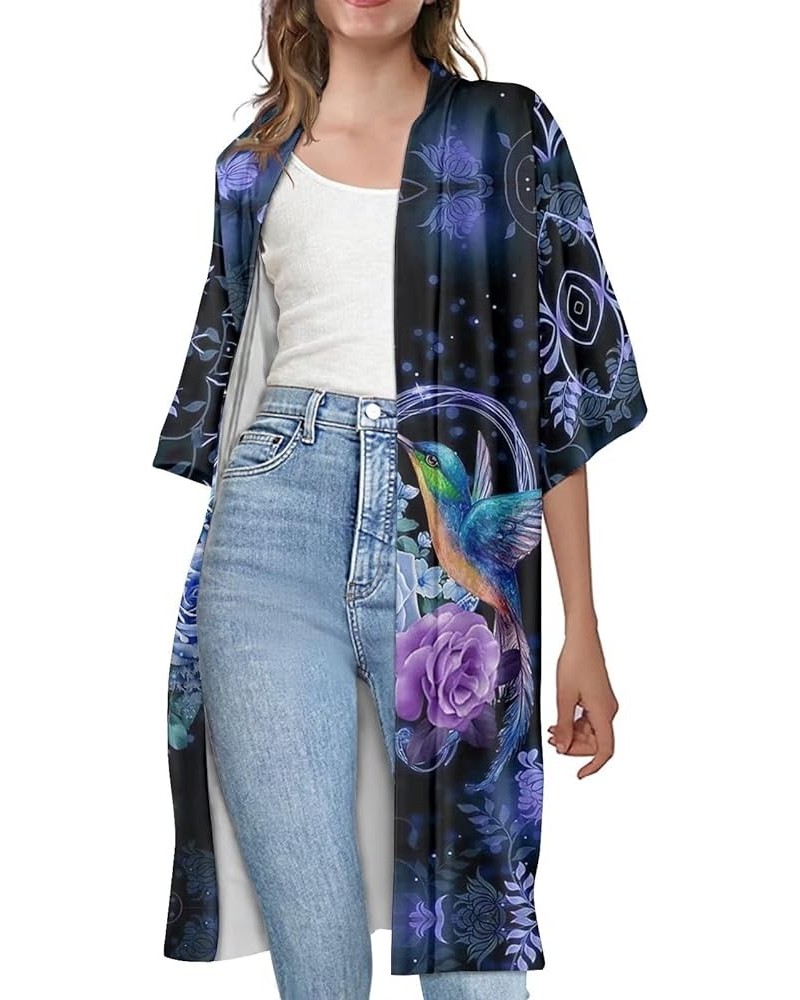 Women's Kimono Cardigans Casual Loose Open Front Cover Ups Blue Hummingbird Rose $17.55 Swimsuits