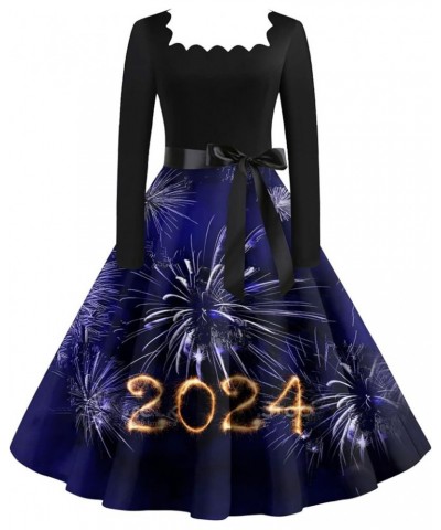 Women's New Years Eve Dress Vintage Classic Dress Long Sleeve 2024 New Year Printed Square Neck Swing Dress 1-royal Blue $12....