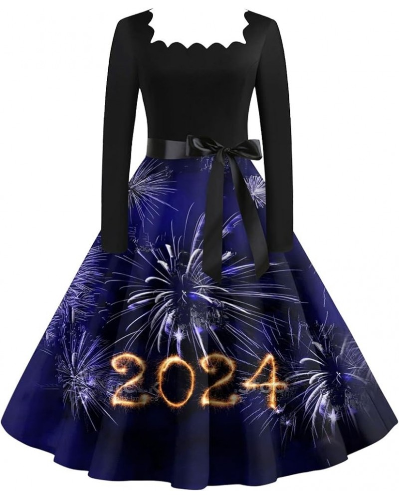 Women's New Years Eve Dress Vintage Classic Dress Long Sleeve 2024 New Year Printed Square Neck Swing Dress 1-royal Blue $12....