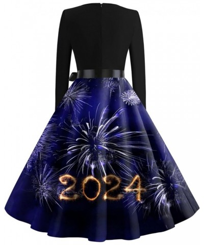 Women's New Years Eve Dress Vintage Classic Dress Long Sleeve 2024 New Year Printed Square Neck Swing Dress 1-royal Blue $12....