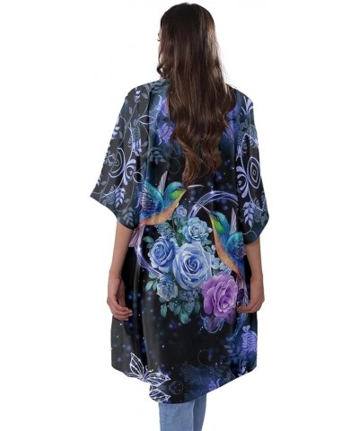 Women's Kimono Cardigans Casual Loose Open Front Cover Ups Blue Hummingbird Rose $17.55 Swimsuits