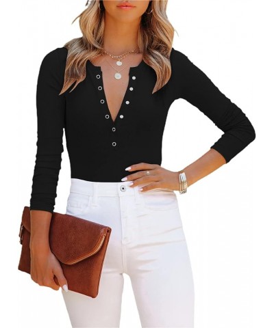 Women’s V Neck Long Sleeve Short Sleeve Button Down Ribbed Knit Leotards Bodysuits Tops Jumpsuit A-black $10.79 Bodysuits