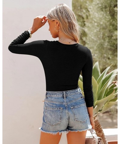 Women’s V Neck Long Sleeve Short Sleeve Button Down Ribbed Knit Leotards Bodysuits Tops Jumpsuit A-black $10.79 Bodysuits