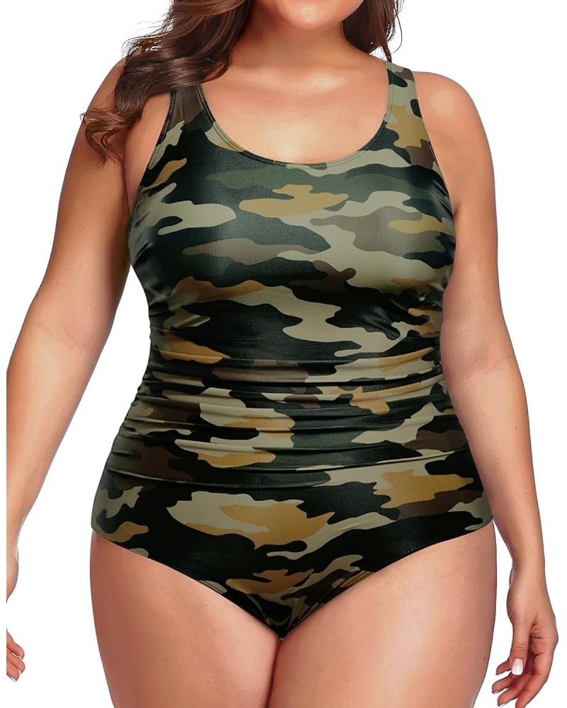 Women Plus Size One Piece Swimsuit Tummy Control Bathing Suit Athletic Ruched Swimwear Green Camo $18.23 Swimsuits