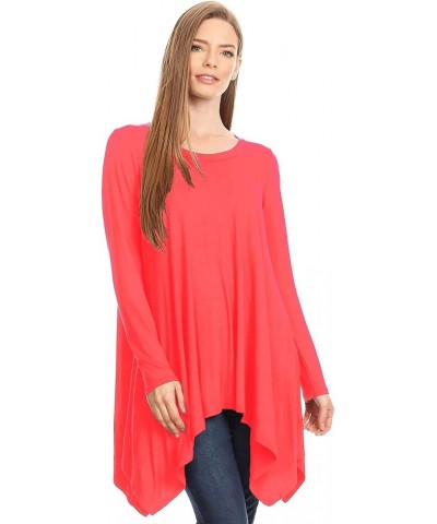 Women's Solid Casual Loose Fit Round Neck Long Sleeves Tunic Top Tee Dress/Made in USA Hdr00008 Coral $12.26 Tops