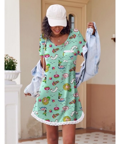 Women's Nightgown Sleepwear Soft Sleepshirt Short Sleeve Lace Trim Nightshirt Sexy Pajama Dress Beach Print $10.99 Lingerie