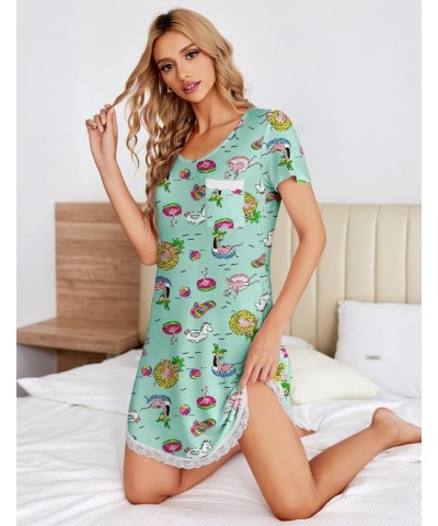 Women's Nightgown Sleepwear Soft Sleepshirt Short Sleeve Lace Trim Nightshirt Sexy Pajama Dress Beach Print $10.99 Lingerie