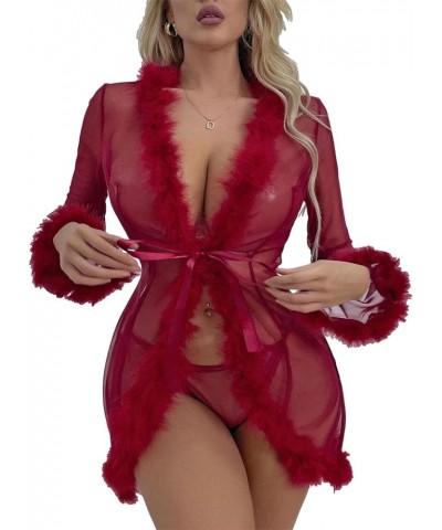 Women Lace See Through Lingerie Robe Sexy Nightgown Long Sleeve Fuzzy Kimono Robes Mesh Chemise Sleepwear Wine $6.71 Robes