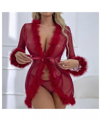 Women Lace See Through Lingerie Robe Sexy Nightgown Long Sleeve Fuzzy Kimono Robes Mesh Chemise Sleepwear Wine $6.71 Robes