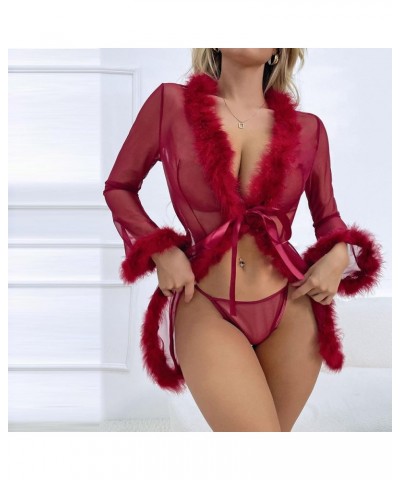 Women Lace See Through Lingerie Robe Sexy Nightgown Long Sleeve Fuzzy Kimono Robes Mesh Chemise Sleepwear Wine $6.71 Robes