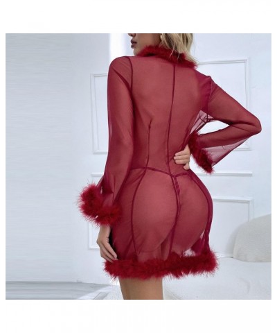 Women Lace See Through Lingerie Robe Sexy Nightgown Long Sleeve Fuzzy Kimono Robes Mesh Chemise Sleepwear Wine $6.71 Robes