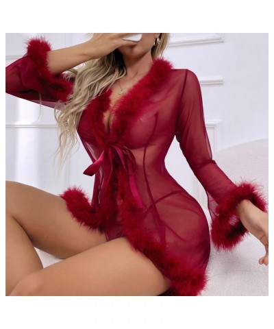 Women Lace See Through Lingerie Robe Sexy Nightgown Long Sleeve Fuzzy Kimono Robes Mesh Chemise Sleepwear Wine $6.71 Robes