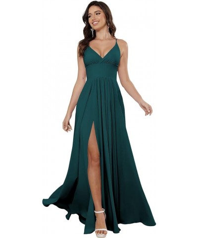 V Neck Satin Bridesmaid Dresses with Silt Long Spaghetti Straps Formal Evening Dresses for Women 2024 QA122 Peacock $28.06 Dr...