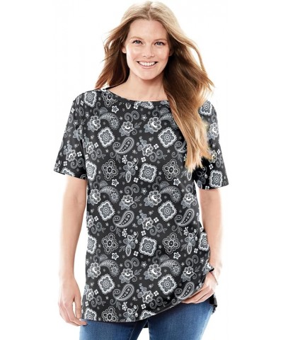 Women's Plus Size Perfect Printed Short-Sleeve Boatneck Tunic Black Bandana Paisley $16.42 Tops