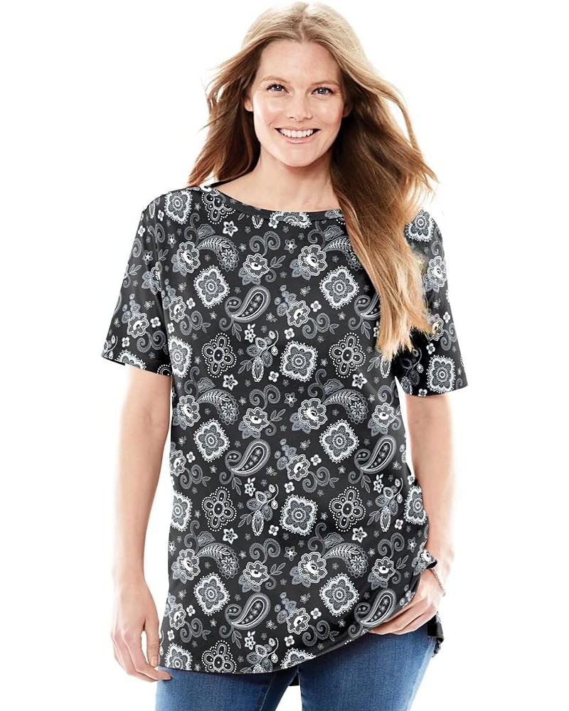 Women's Plus Size Perfect Printed Short-Sleeve Boatneck Tunic Black Bandana Paisley $16.42 Tops