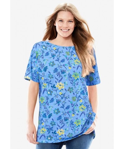 Women's Plus Size Perfect Printed Short-Sleeve Boatneck Tunic Black Bandana Paisley $16.42 Tops