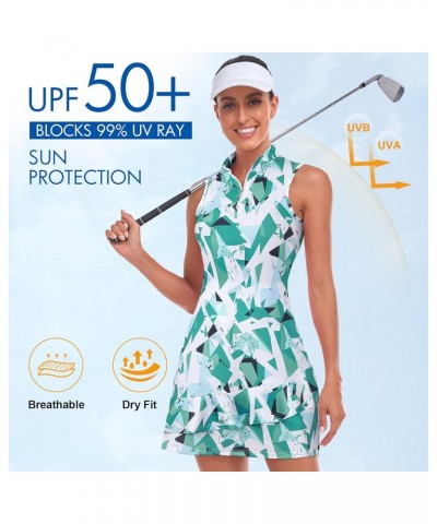 Tennis Dress for Women Sleeveless Golf Dresses with Shorts and Pockets Ruffle Zip Up Stand Collar Golf Outfits Green Geometry...