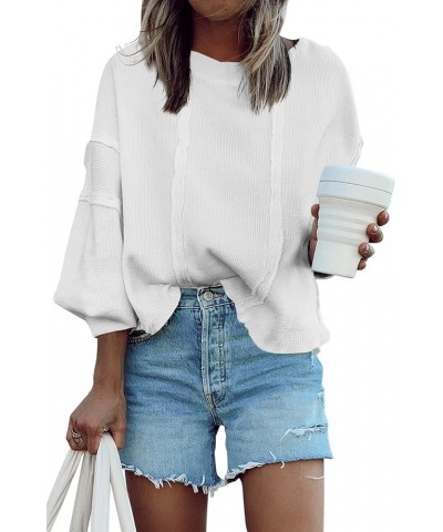 Women's Oversized Waffle Knit Pullover Casual Long Sleeve Tops Trendy Round Neck Tunic Shirts White $17.10 Tops