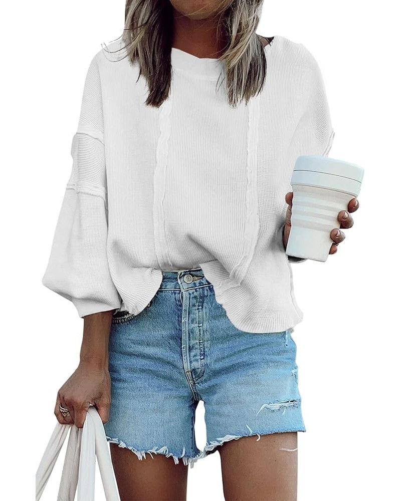 Women's Oversized Waffle Knit Pullover Casual Long Sleeve Tops Trendy Round Neck Tunic Shirts White $17.10 Tops