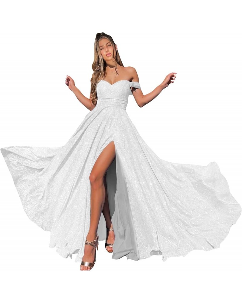 Off Shoulder Glitter Prom Dresses 2024 Long Ball Gowns for Women High Slit Formal Evening Gowns White $36.33 Dresses