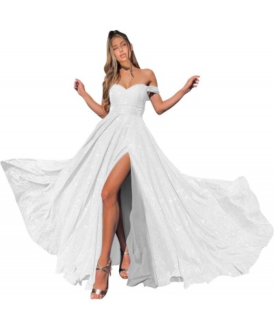 Off Shoulder Glitter Prom Dresses 2024 Long Ball Gowns for Women High Slit Formal Evening Gowns White $36.33 Dresses