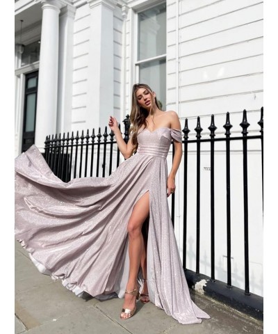 Off Shoulder Glitter Prom Dresses 2024 Long Ball Gowns for Women High Slit Formal Evening Gowns White $36.33 Dresses