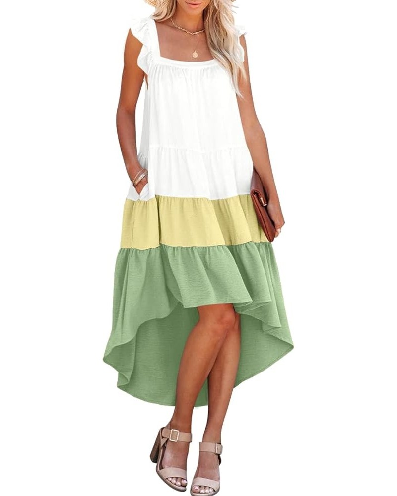 Women's Summer Midi Dress Sleeveless Ruffle Sleeve Colorblock Solid Loose Fit Flowy Pleated Dress with Pockets Z1 Green $16.7...