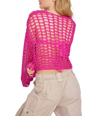 Womens Y2K Knitted ​Crop Tops Crochet Hollow Out Long Sleeve Off-Shoulder Loose Shirt Sweater Rose Red $10.06 Sweaters