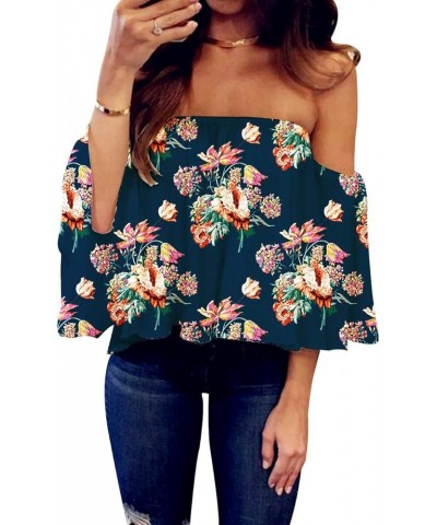 Women's Summer Off Shoulder Blouses Short Sleeves Sexy Tops Chiffon Ruffles Casual T Shirt Wi Blue Red Flower $14.39 Blouses