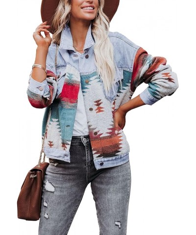 Loose Casual Frayed Washed Womens Aztec Denim Jacket Long Sleeve Lapel Aztec Denim Shacket Jean Jacket Light Blue $17.48 Jackets