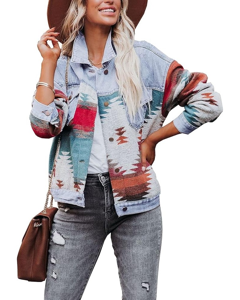 Loose Casual Frayed Washed Womens Aztec Denim Jacket Long Sleeve Lapel Aztec Denim Shacket Jean Jacket Light Blue $17.48 Jackets