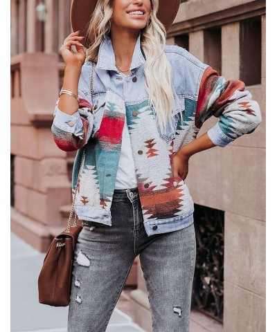 Loose Casual Frayed Washed Womens Aztec Denim Jacket Long Sleeve Lapel Aztec Denim Shacket Jean Jacket Light Blue $17.48 Jackets