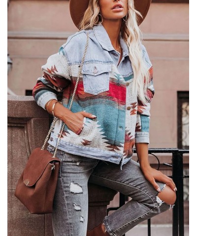 Loose Casual Frayed Washed Womens Aztec Denim Jacket Long Sleeve Lapel Aztec Denim Shacket Jean Jacket Light Blue $17.48 Jackets