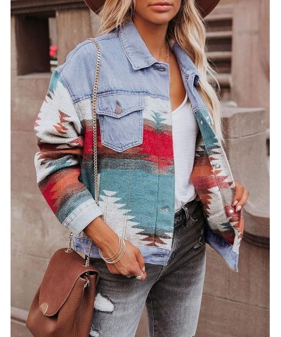 Loose Casual Frayed Washed Womens Aztec Denim Jacket Long Sleeve Lapel Aztec Denim Shacket Jean Jacket Light Blue $17.48 Jackets