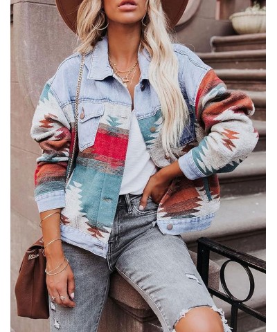 Loose Casual Frayed Washed Womens Aztec Denim Jacket Long Sleeve Lapel Aztec Denim Shacket Jean Jacket Light Blue $17.48 Jackets